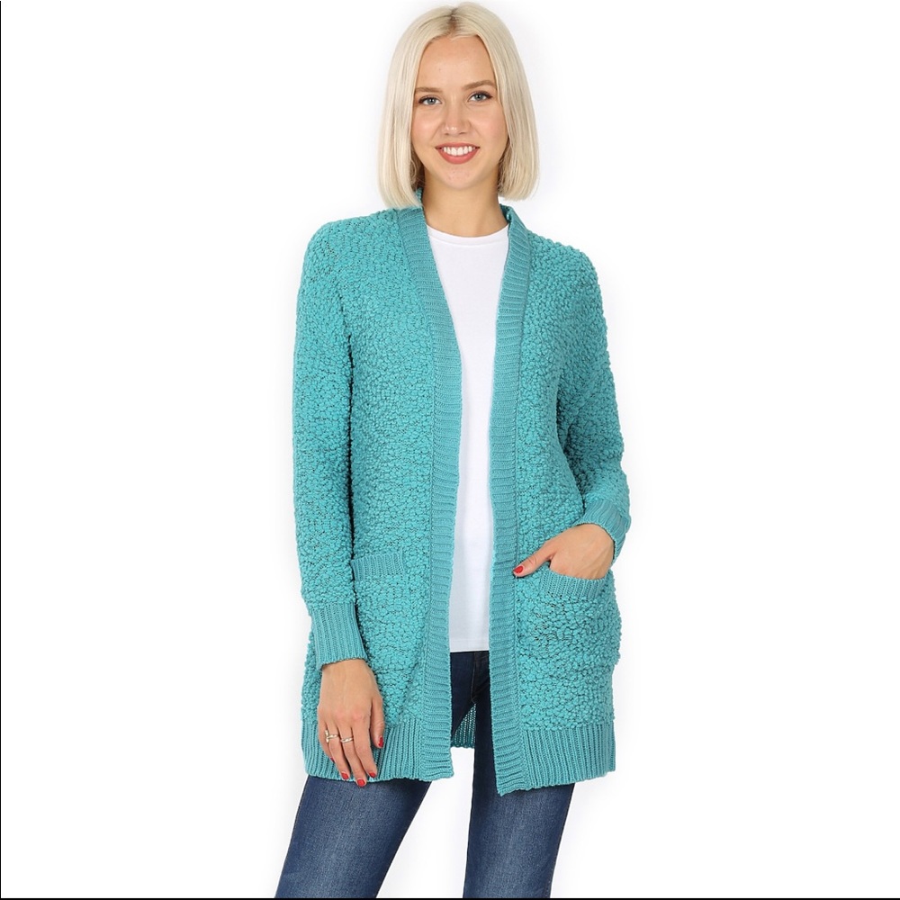 Ribbed Trim Popcorn Sweater in Ash Mint